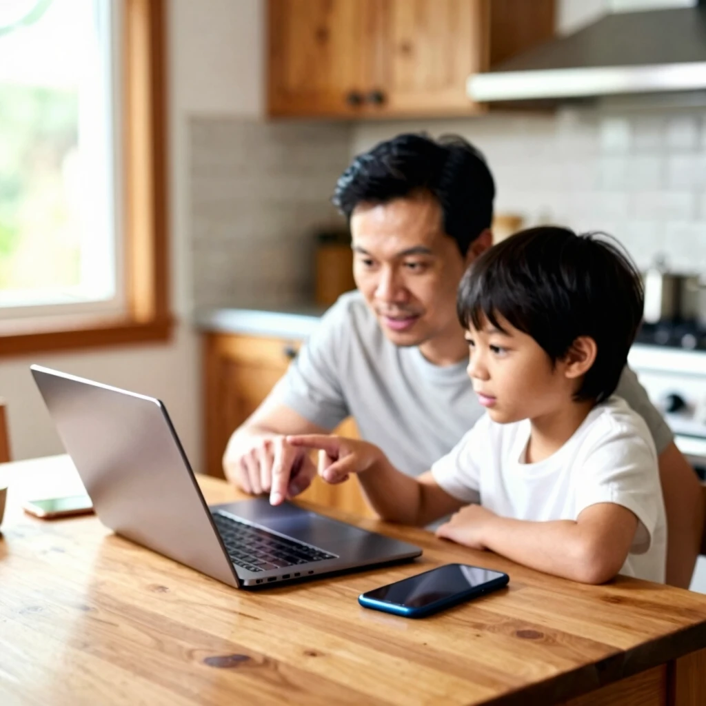 Family discussing online privacy at home with laptop
