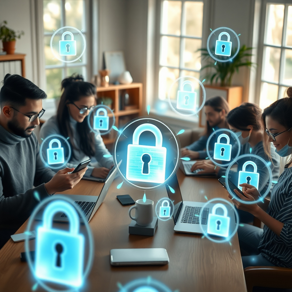 People safely browsing the internet with protective digital shields