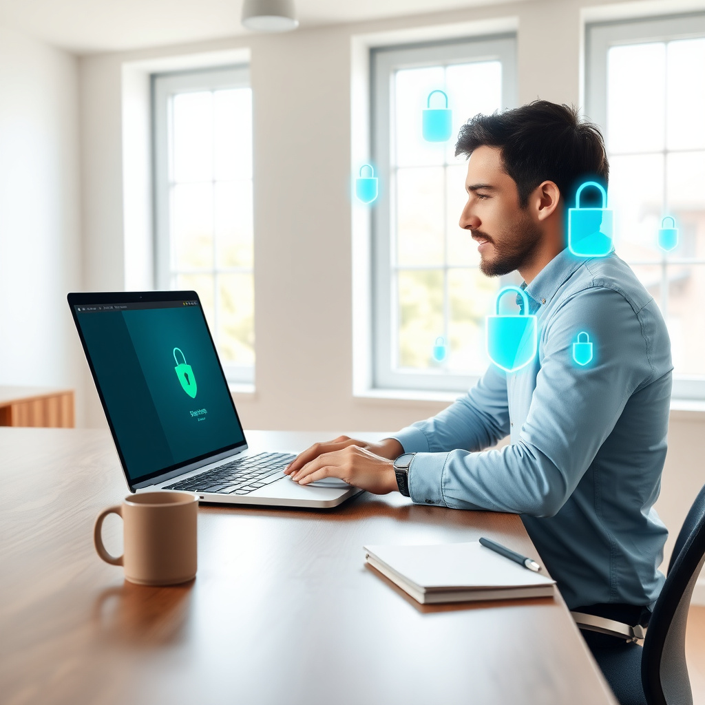 Man securely browsing on laptop in home office