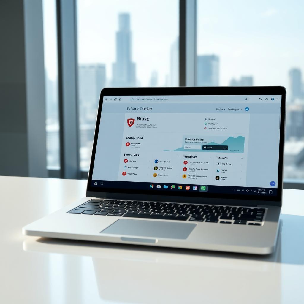 Laptop showing Brave browser privacy dashboard in a modern office