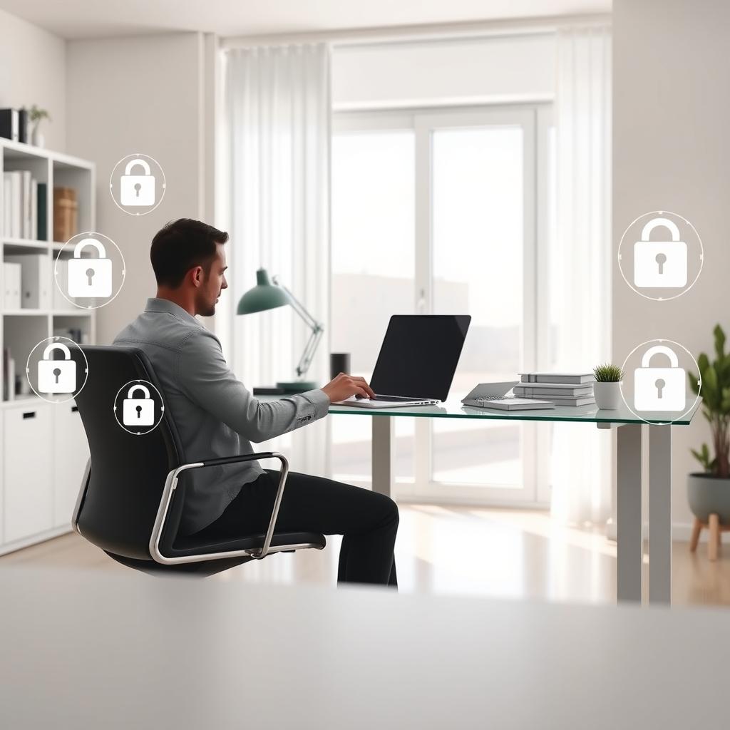 Person working on a laptop with digital data privacy icons in a modern home office