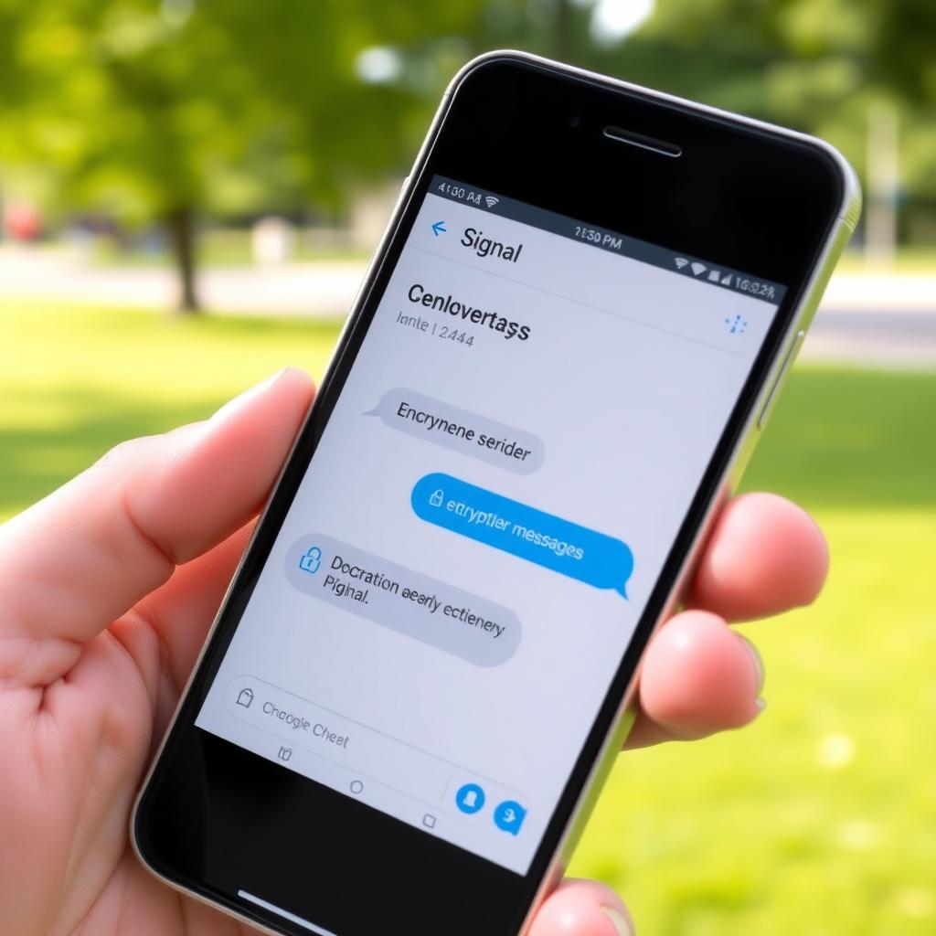 Signal app on a smartphone displaying an encrypted chat in a park setting.