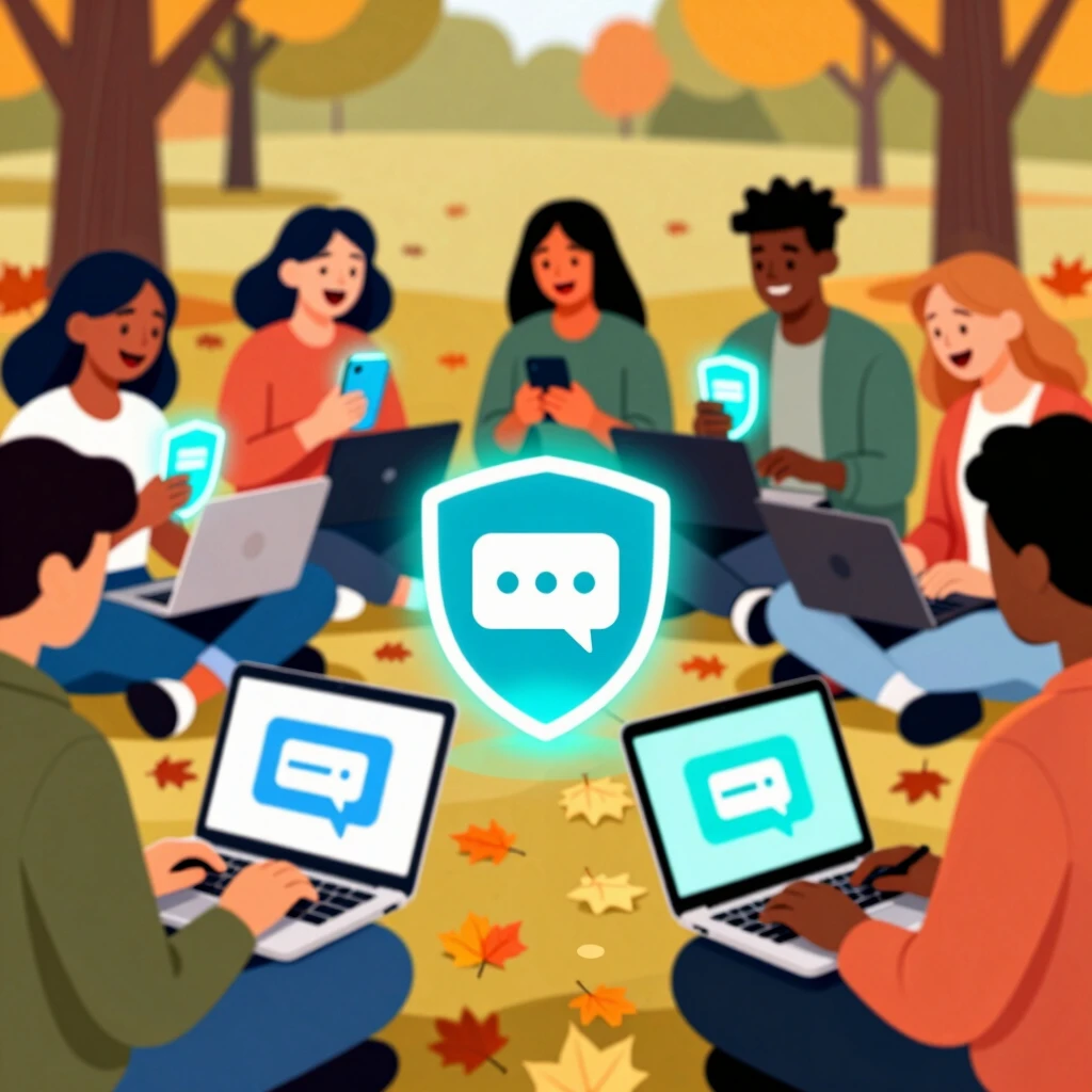 Friends communicating securely outdoors with encrypted devices