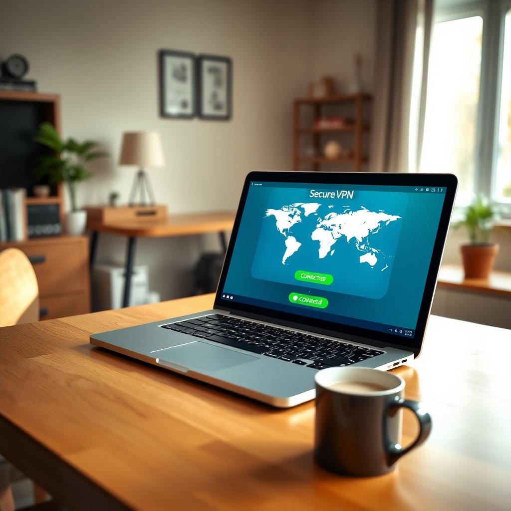 Laptop displaying a VPN interface on a wooden desk in a cozy home office