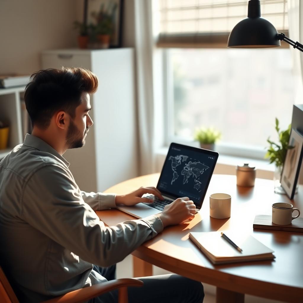 Person using a laptop with a VPN interface in a cozy home office