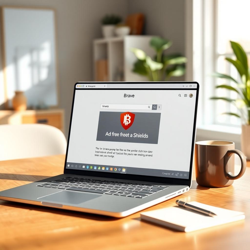 Laptop displaying Brave browser with Shields feature on a clean webpage in a modern home office