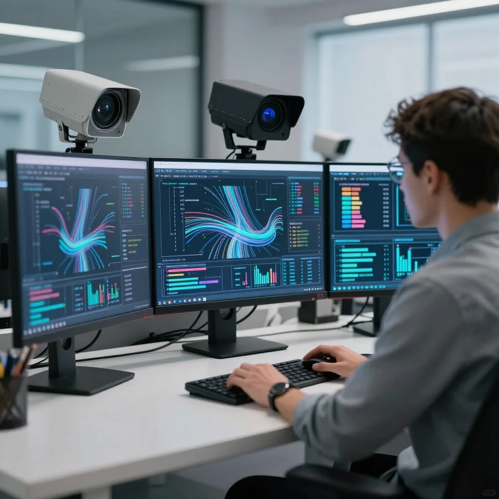 Person monitoring multiple screens with data streams symbolizing AI surveillance on online privacy