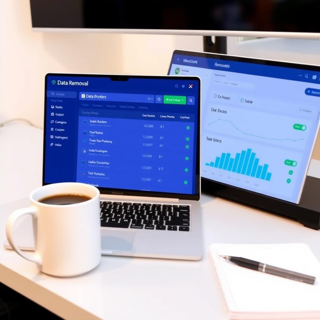 Laptop on a modern desk displaying a data removal service dashboard with a list of brokers and progress indicators.