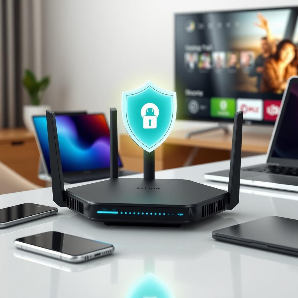 Secure Wi-Fi router with devices and a streaming app on a TV, protected by a shield icon