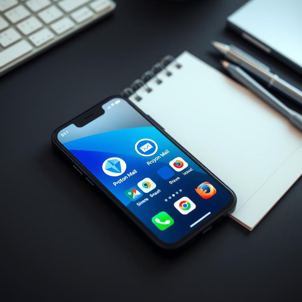 Smartphone displaying privacy-focused apps like Proton Mail and Signal on a desk