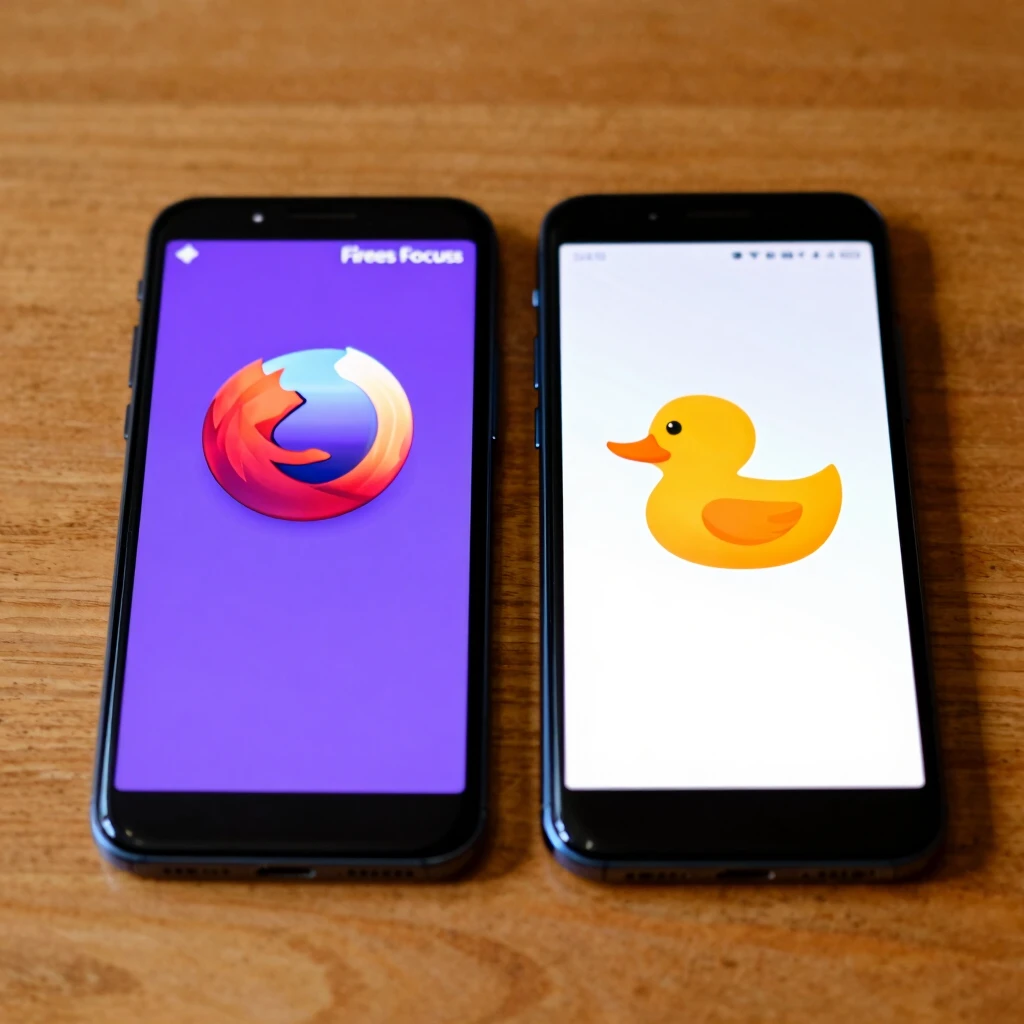 Side-by-side view of Firefox Focus and DuckDuckGo mobile browser apps on smartphones