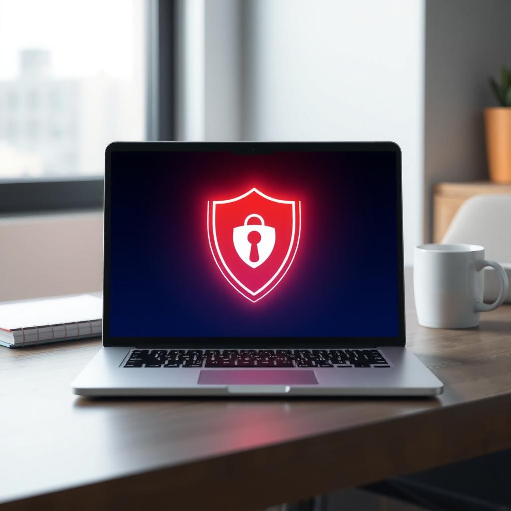 Laptop showing a VPN connection icon with a glowing privacy shield in a modern workspace.