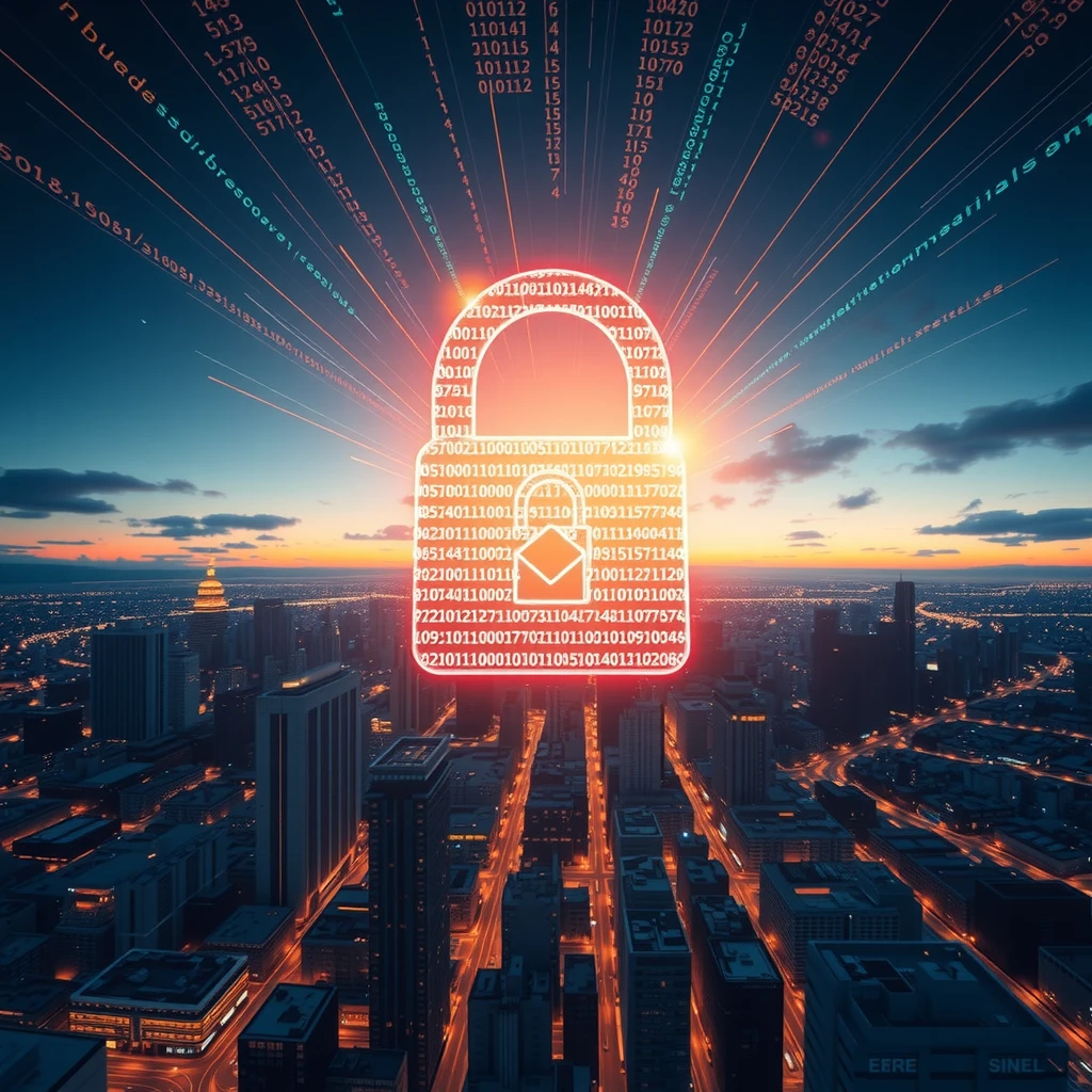 Futuristic digital padlock protecting personal icons over a city skyline