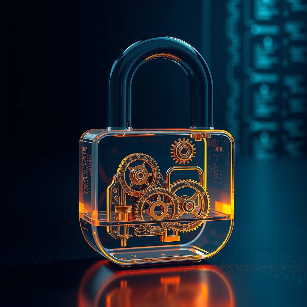 Transparent glass padlock with visible internal gears representing open source security