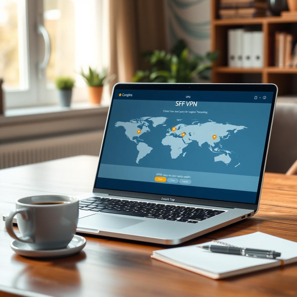 Laptop displaying a VPN application with a world map of server locations in a cozy home office
