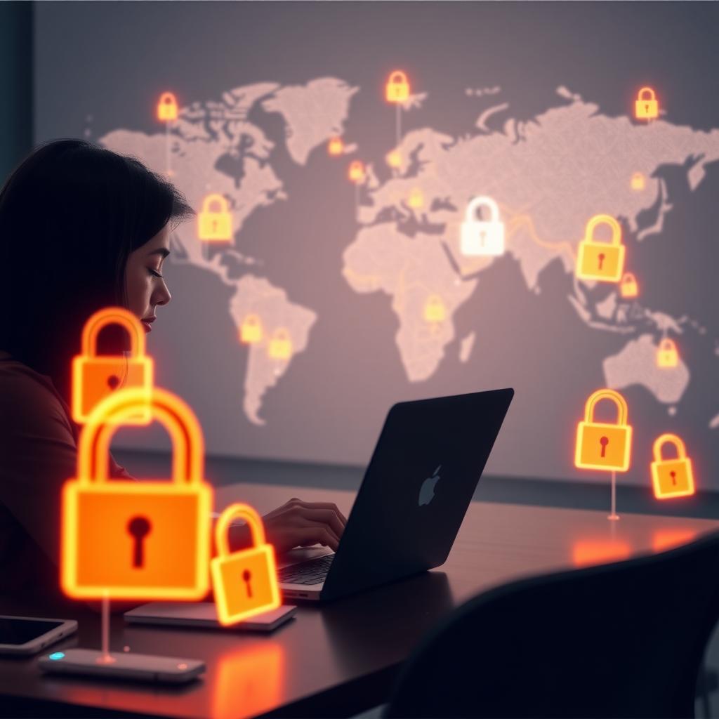Person using a laptop with digital shields protecting their online privacy.