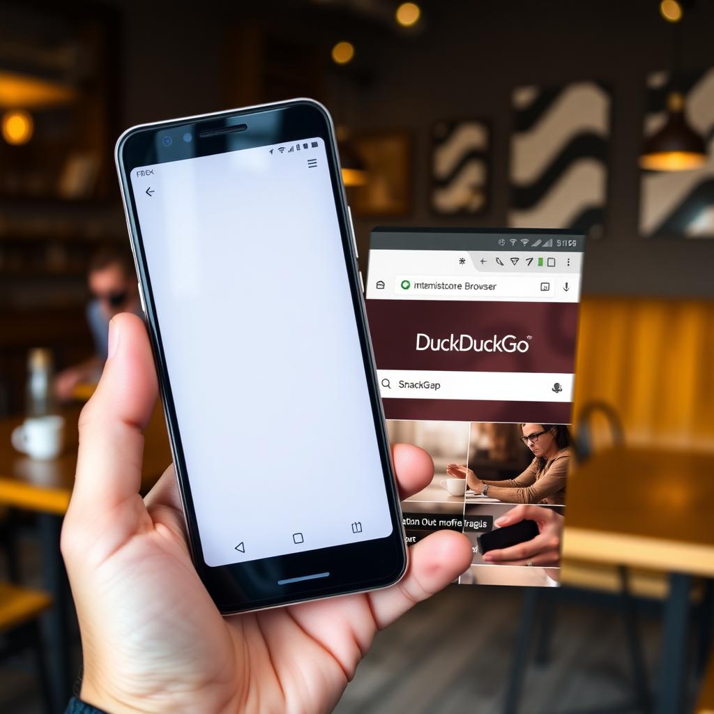 A smartphone screen split between Firefox Focus and DuckDuckGo browsers, held in a coffee shop setting.