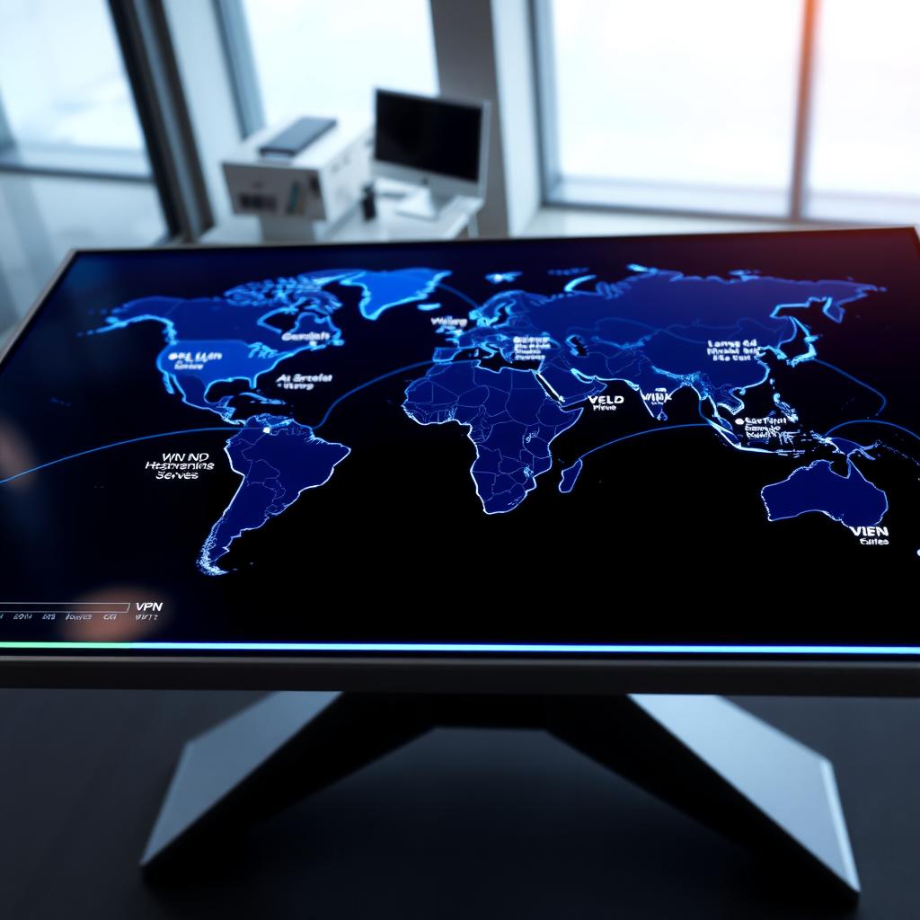 World map showing VPN server locations with glowing digital lines