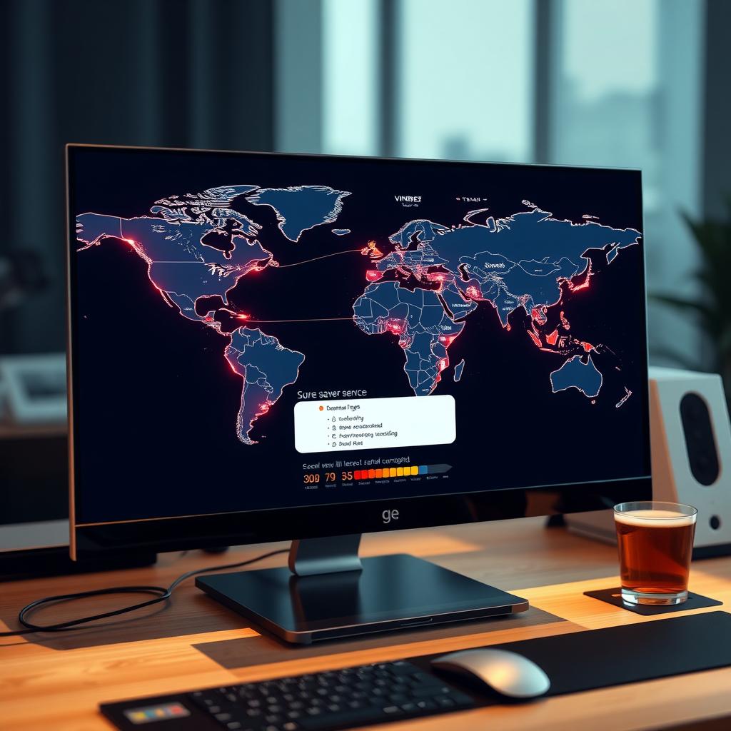 Digital world map on a computer screen showing VPN server connections in a modern workspace.