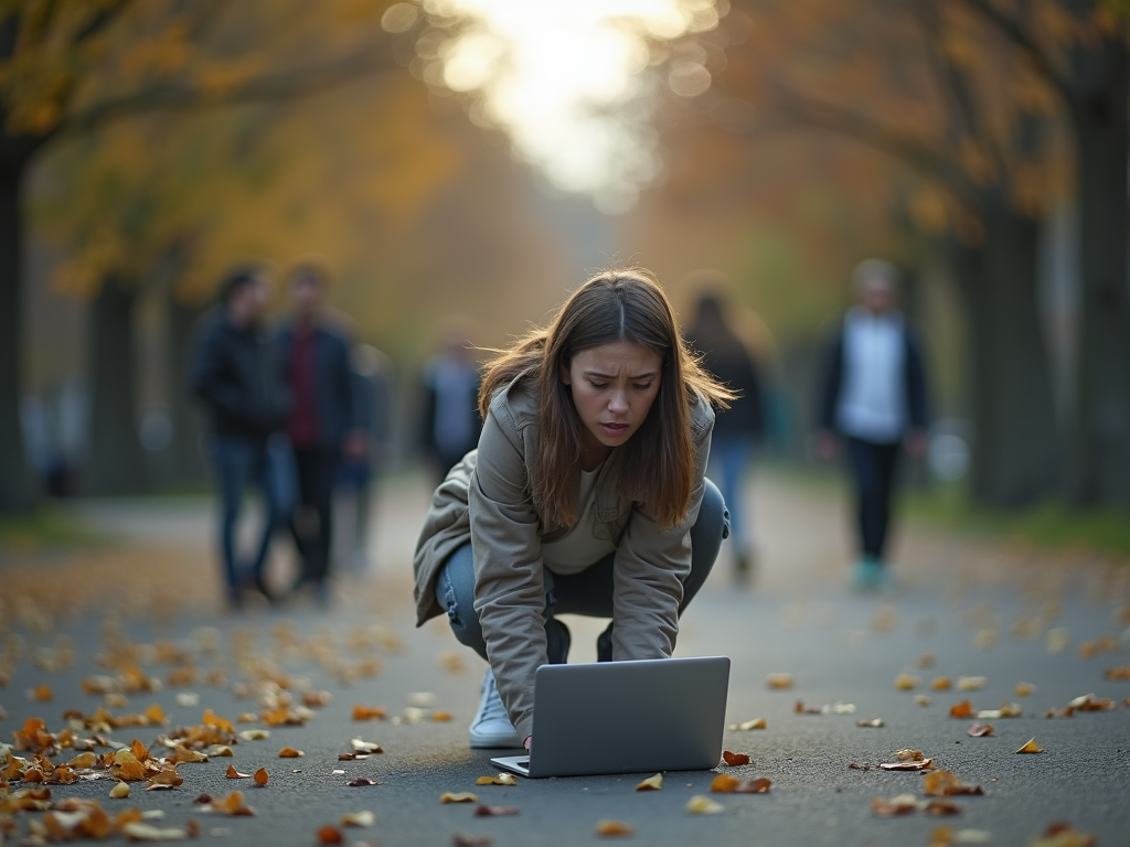 A person searching for a lost laptop in a park with a fading lock icon