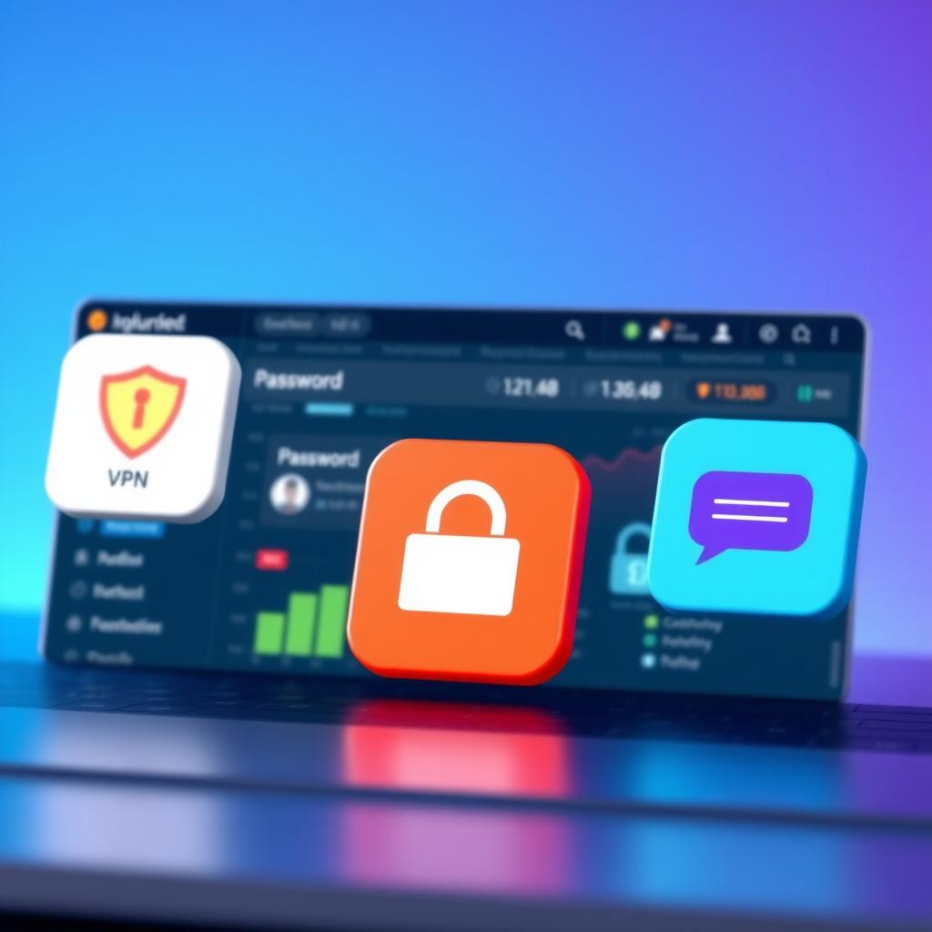 Digital dashboard with VPN, password manager, and messaging app icons