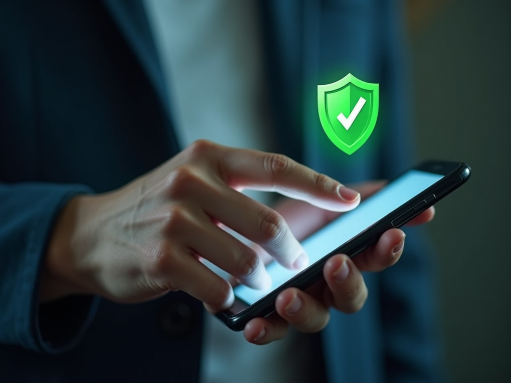 Person texting on a smartphone with a secure connection checkmark.