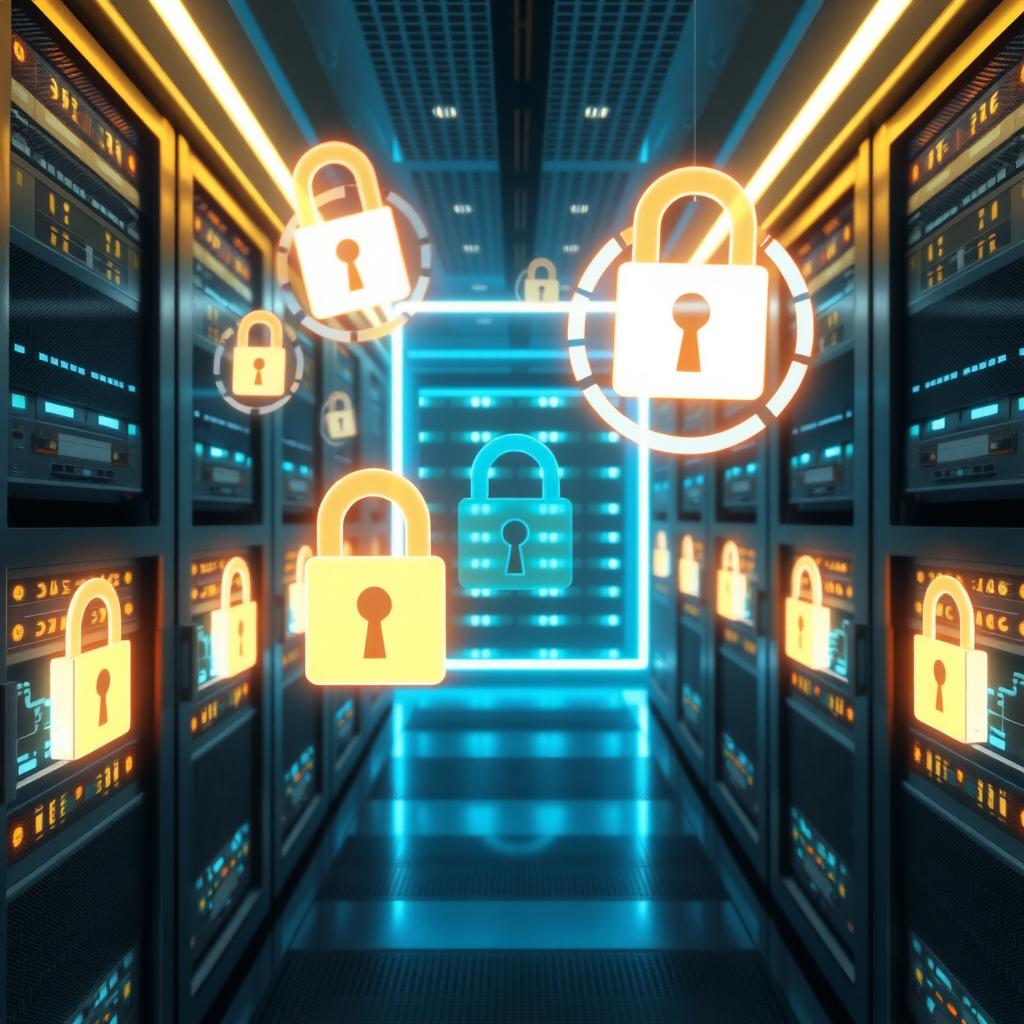 Futuristic data center with glowing servers and digital encryption symbols ensuring data privacy.