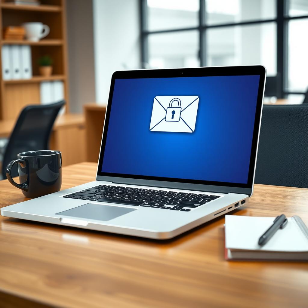 Laptop showing an email interface with a padlock icon, symbolizing secure email encryption.