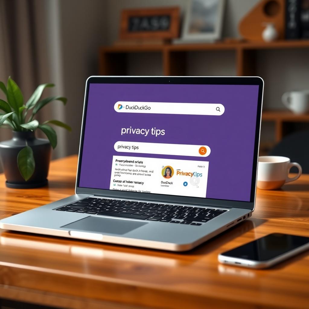 Laptop displaying the DuckDuckGo homepage with a search for 'privacy tips' in a cozy home office.