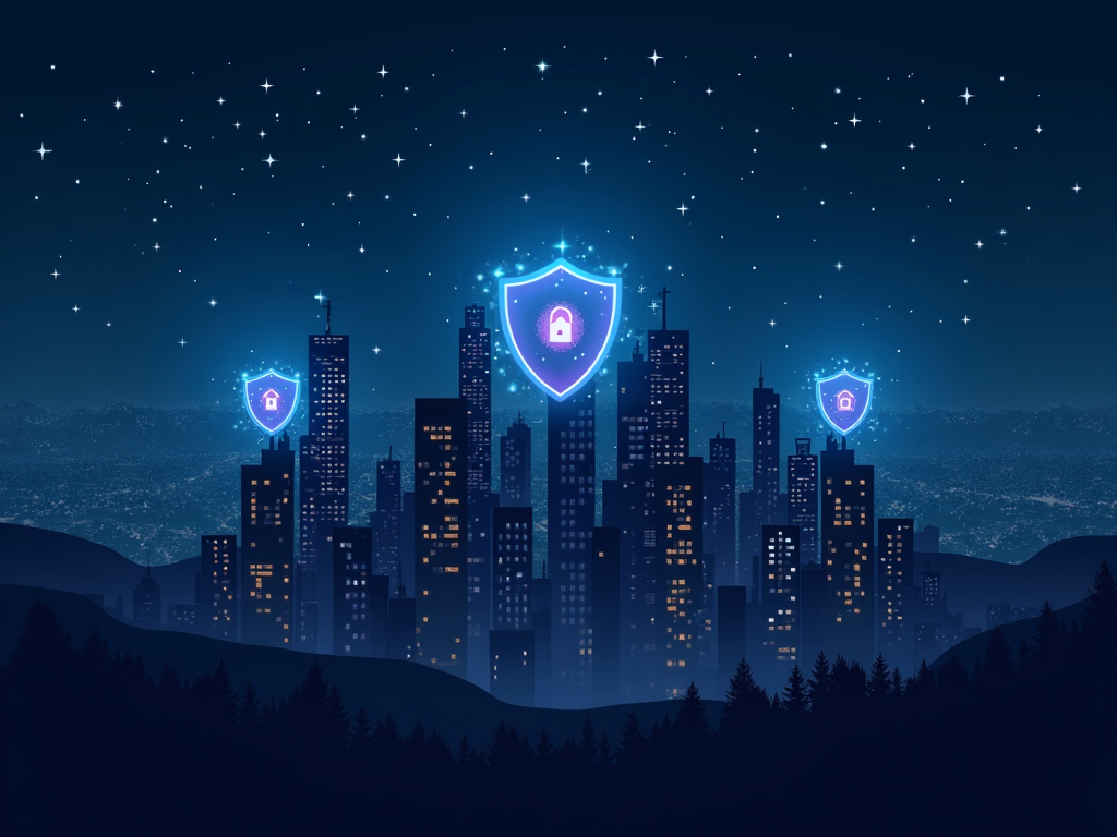Cityscape at night with digital shields representing online privacy.
