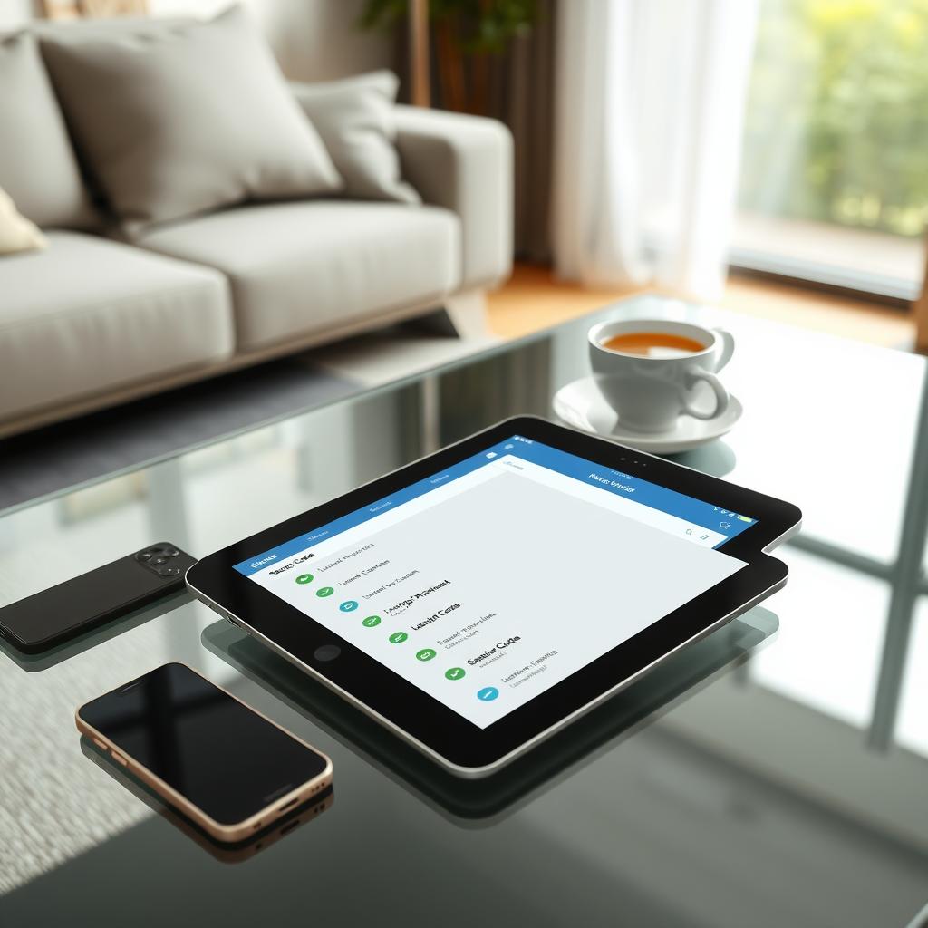 Tablet displaying a password manager with backup codes on a glass table in a modern living room.