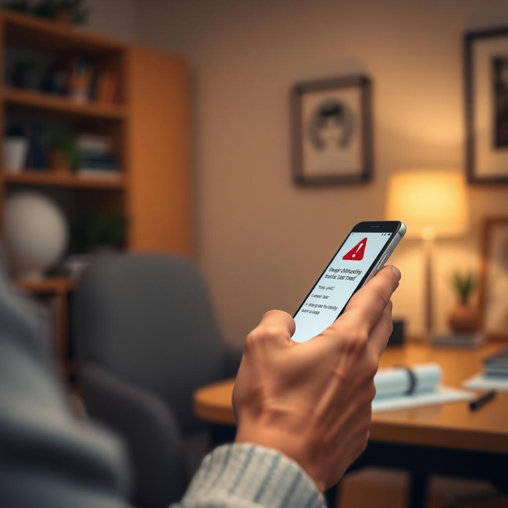 Smartphone displaying a phishing email with a warning symbol