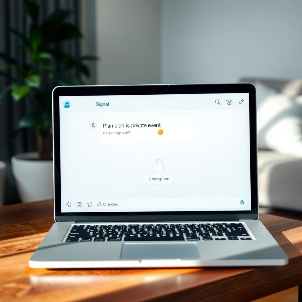 Laptop displaying Signal messaging app in a minimalist living room