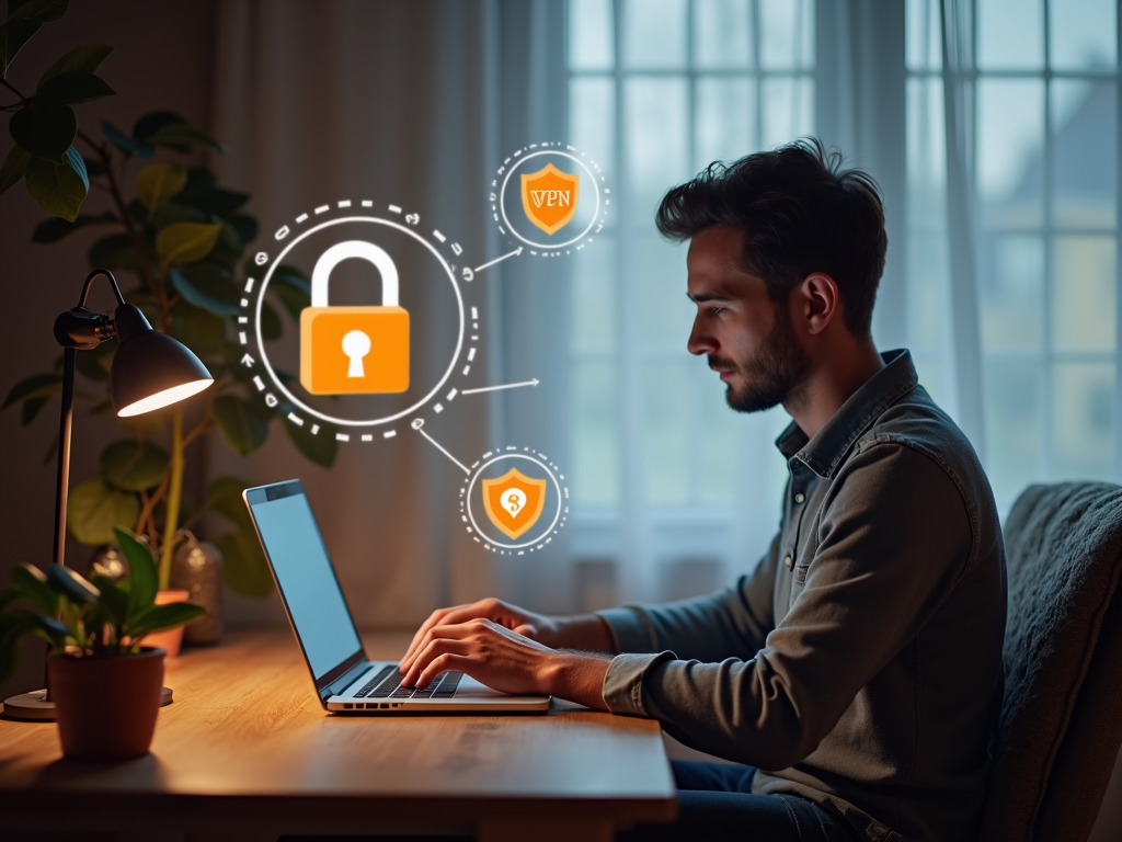 Person using a laptop with online privacy icons