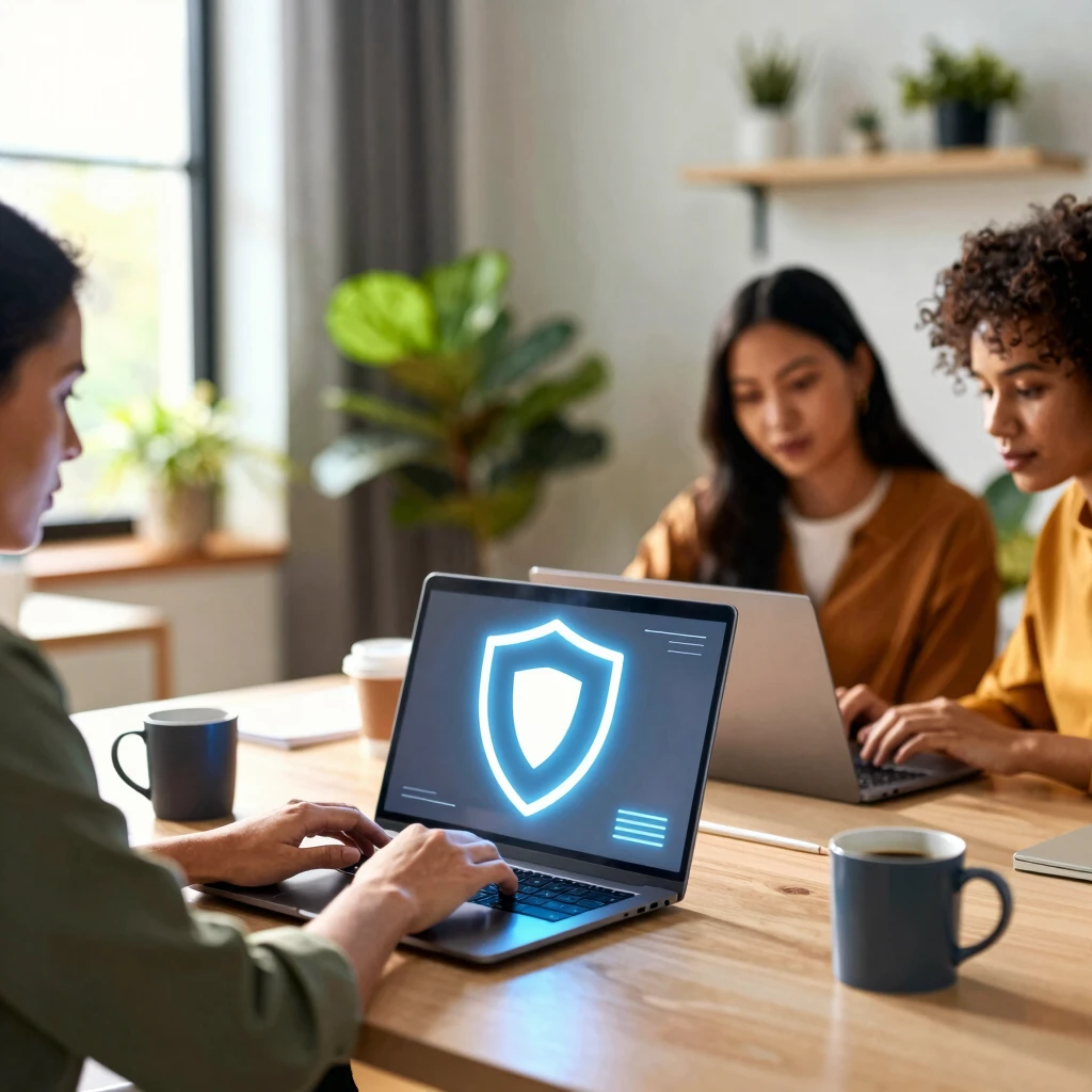 Group collaborating securely with VPN protection in a cozy home office