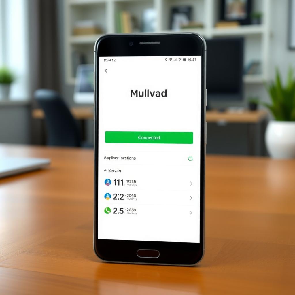 Smartphone displaying the Mullvad VPN app on a wooden desk