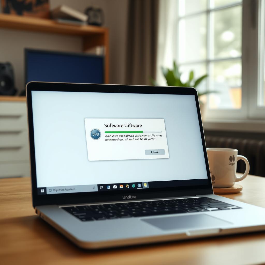 Laptop screen showing a software update in progress in a cozy home office