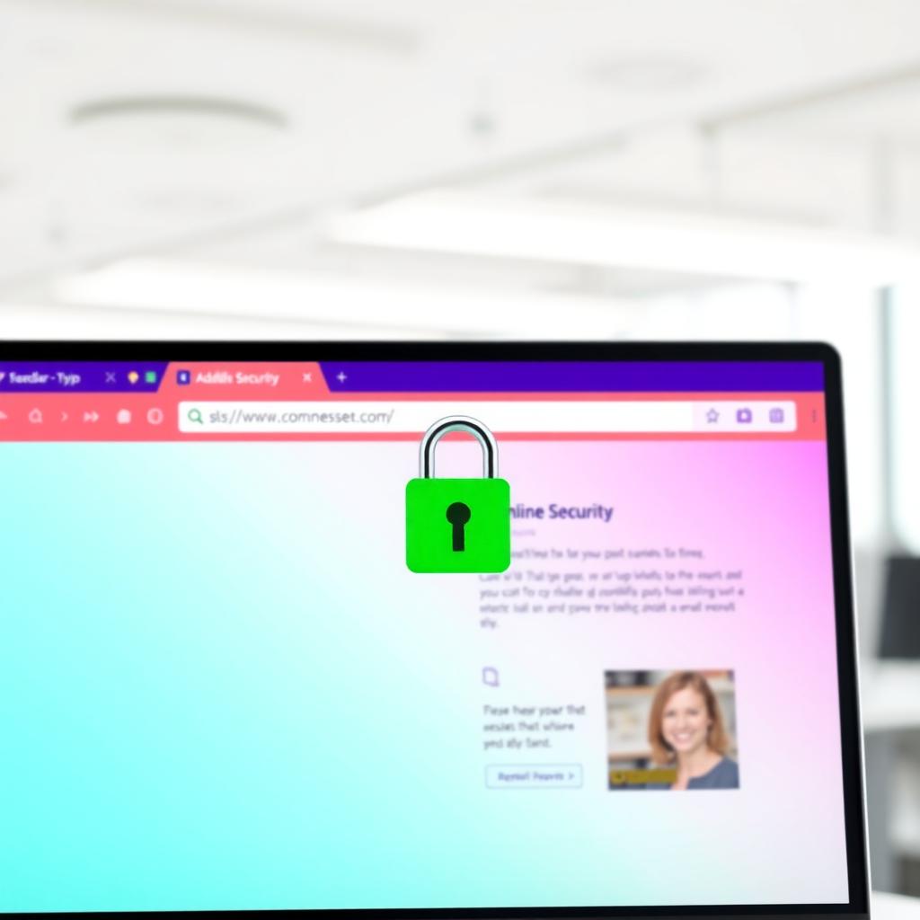 Browser window with green padlock icon displaying a webpage about online security