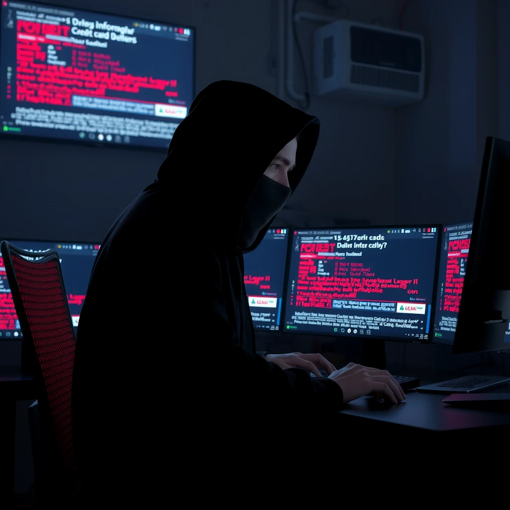 Hacker in dark room monitoring data breach alerts on multiple screens