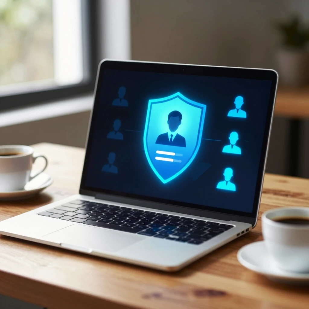 Laptop showing a digital shield protecting personal data from online threats