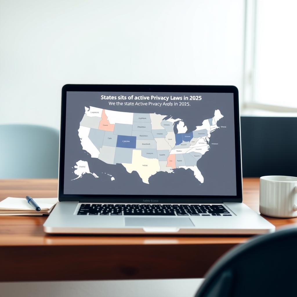 Laptop displaying a U.S. map infographic highlighting 2025 state privacy laws