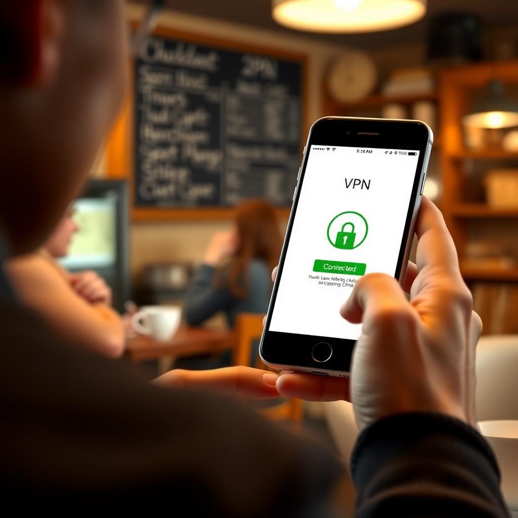 Person using a VPN app on a smartphone in a coffee shop
