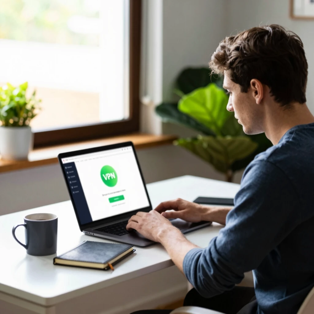 Person using a laptop with VPN active in a comfortable home office setting