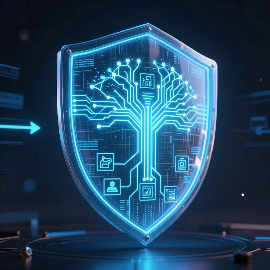 Futuristic digital shield with AI elements protecting data from cyber threats