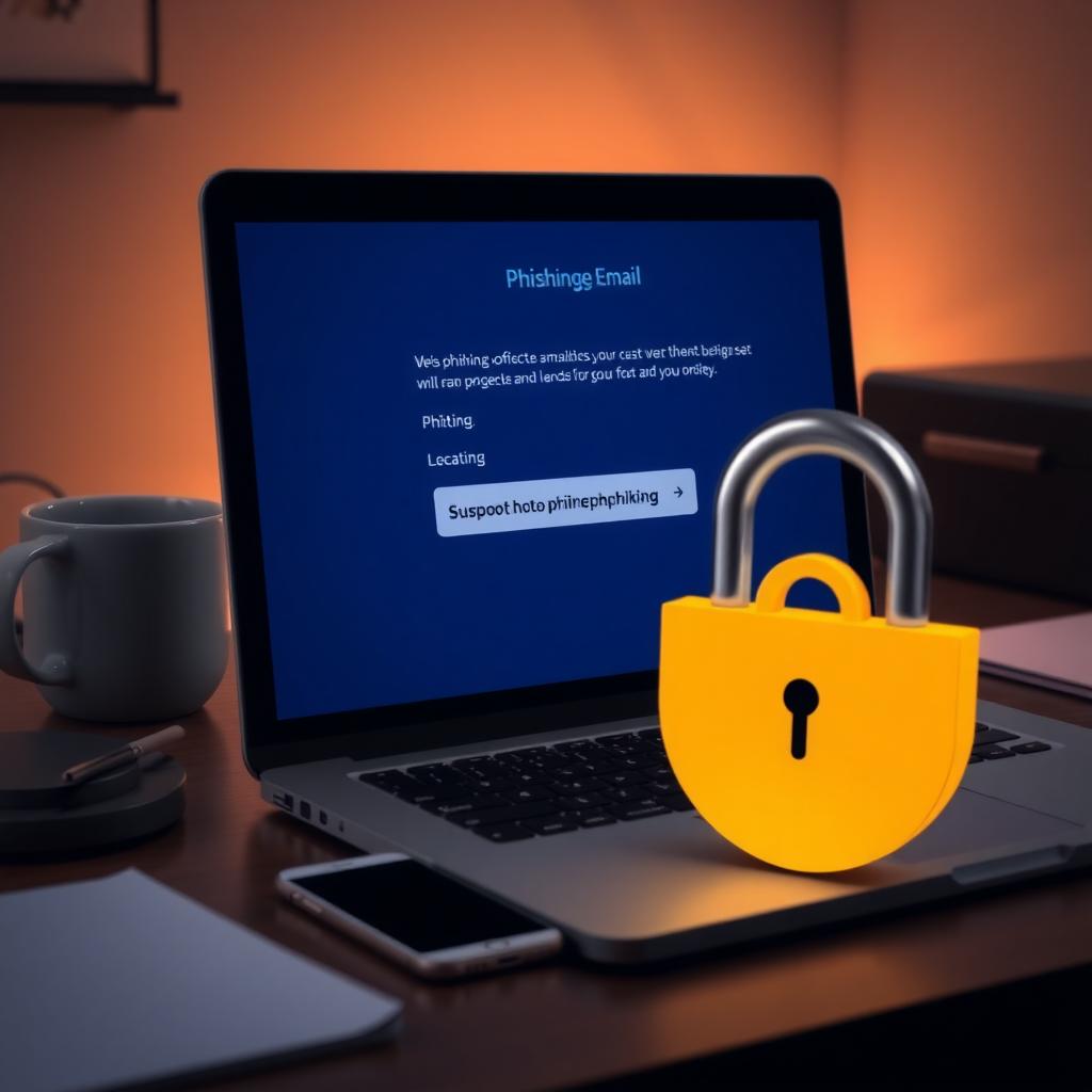 Laptop screen showing a phishing email with a padlock icon, on a desk with a coffee mug and smartphone.