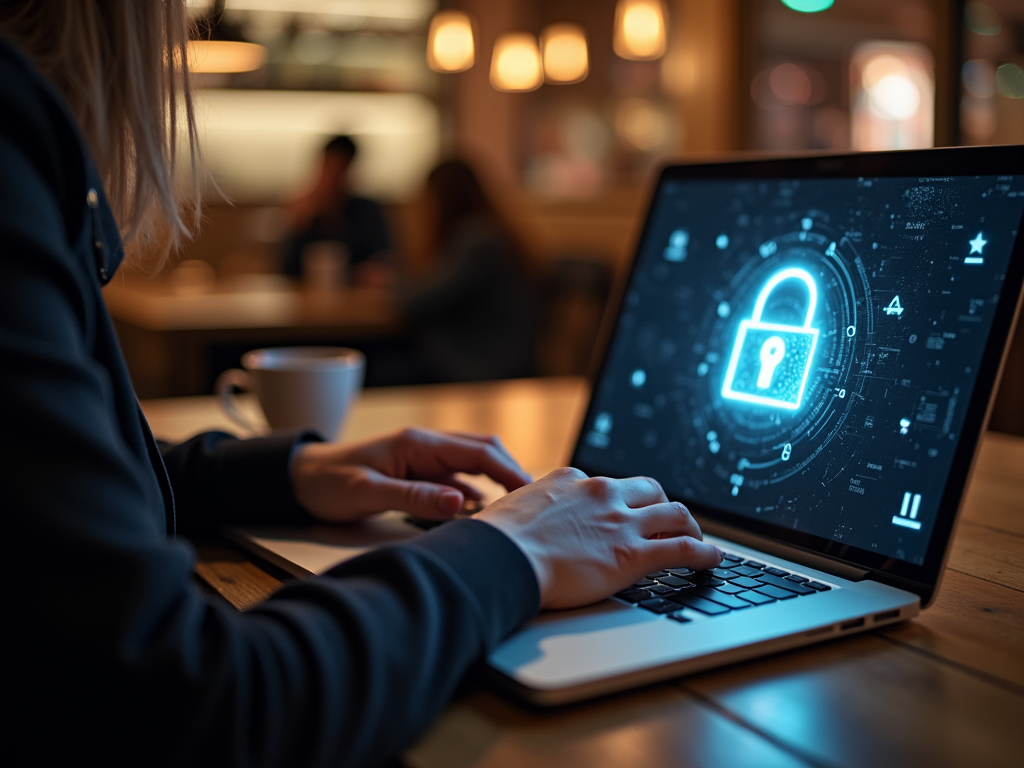 A person locking a laptop with a padlock symbol glowing on the screen