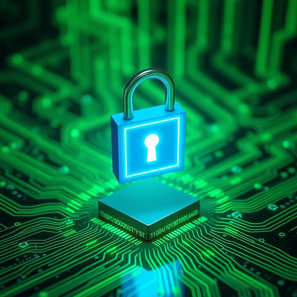 Digital lock with green binary code streams over a circuit board, representing homomorphic encryption.