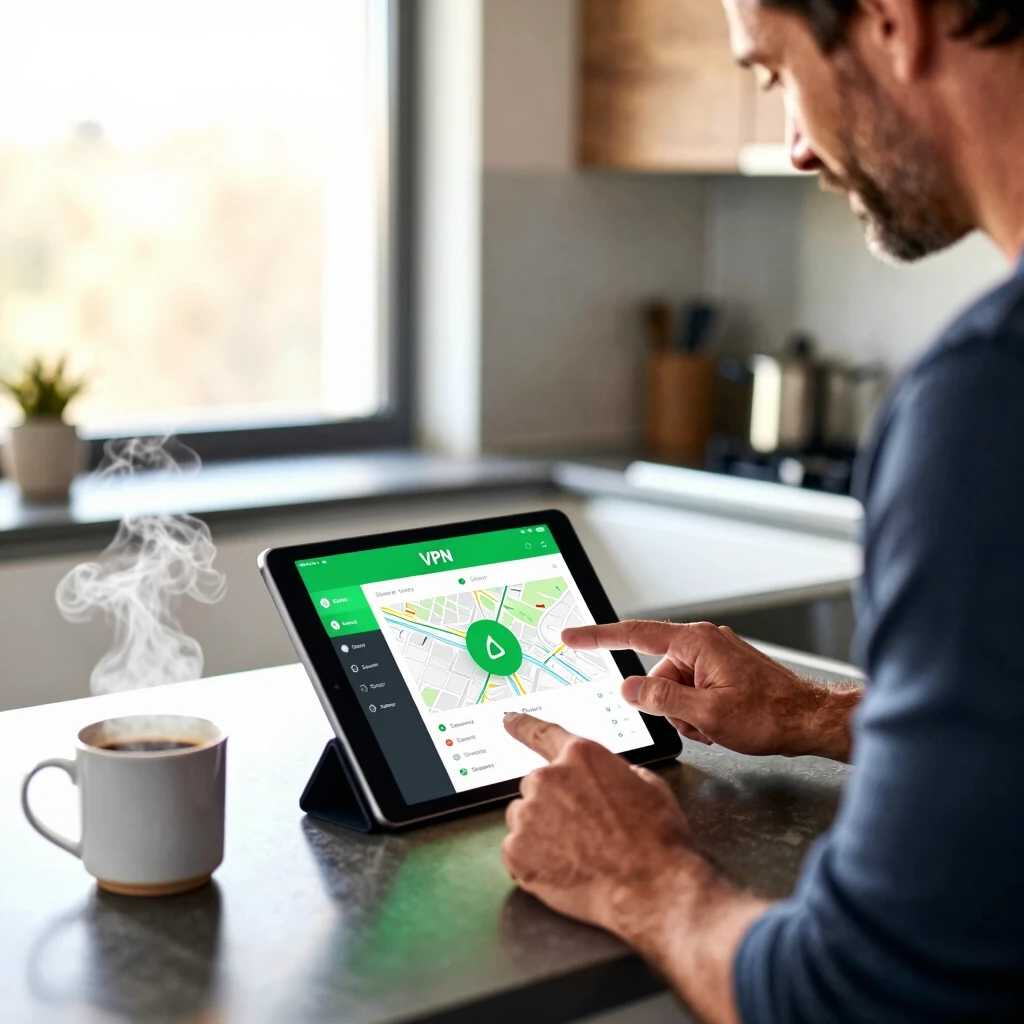 Man setting up VPN on tablet in kitchen