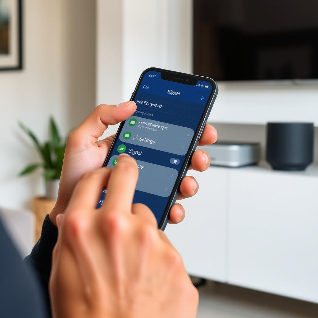 Person adjusting privacy settings on a smartphone in a living room