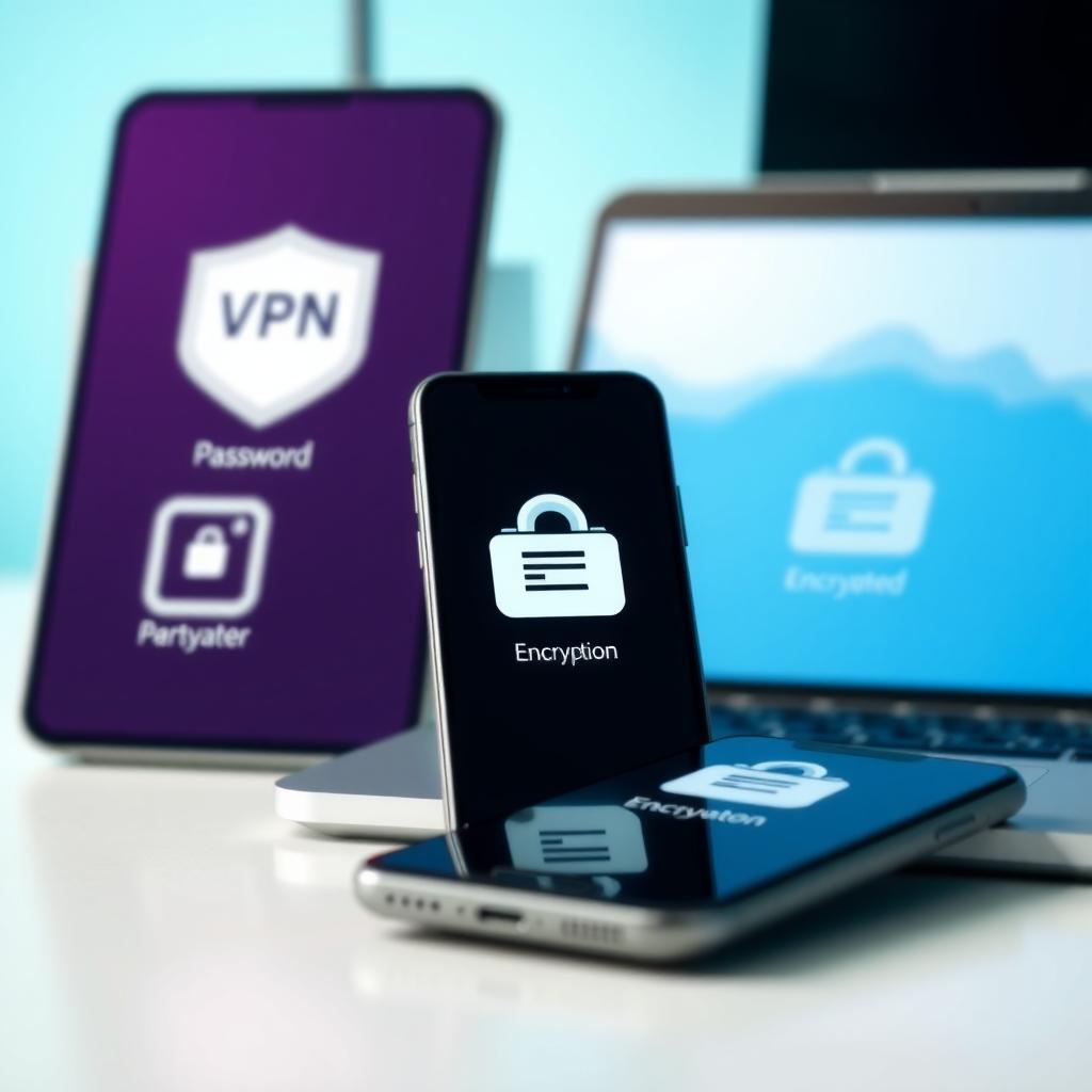 Smartphone and laptop displaying privacy tool icons, representing digital security.